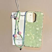 Crystal transparent white light IND matcha green floral cat phone case with bead chain for iPhone 11 12 13 14 15 16 17 Pro max iPhone 16 Pro Max