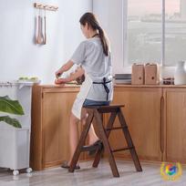 Tvirtos medienos 3 pakopų sulankstoma virtuvinė kopėčia-taburetė - Daugiafunkcinė ir dvigubo naudojimo. Natural - No Cushion