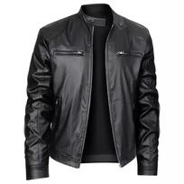 2024 Men's Slim Fit Stand-Up Collar Leather Motorcycle Jacket with Zipper Pockets L juoda