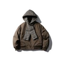 CROWD CITY Retro Plaid Patchwork Hooded Bomber Jacket for Men - Y612 Extra Large kava