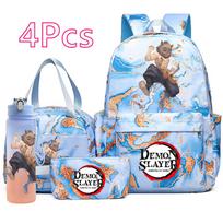4 vnt./rinkinys Anime Demon Slayer spausdintas kuprinė, rankinė, pieštukinė su 750 ml vandens buteliuku paaugliams berniukams, mergaitėms, didelės talpos, vandeniui atsparus mokyklos krepšys