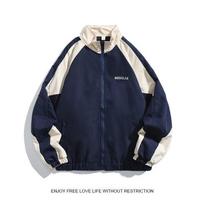 Vyriška japoniška retro spalvų blokų striukė su stovinčia apykakle - Madingas laisvas koledžo stilius, kasdienis pavasario/rudens drabužis poroms 3XL tamsiai mėlyna spalva