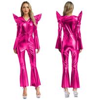 Retro 70-ųjų Disco kombinezonas moterims S-3XL: Metalinis Blizgantis Plačių Kelnaičių Jumpsuitas, Aukštas Liemuo Ilgomis Rankovėmis Su Priekiniu Užtrauktuku Klubinis Drabužis S sidabras