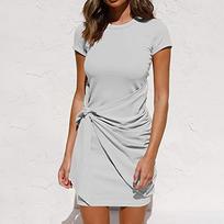 Women Short Sleeve Color Knee-length Dress Round Neck Pleated Dress M balta