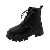 Korean Style Women's Short-Barrel Martin Boots – Autumn/Winter 2023, Thick-Soled, Lace-Up, Side Zipper Fashion Boots 35 juoda