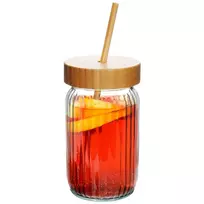 Gėrimo stiklainis su bambukiniu dangteliu ir šiaudeliu 500 ml