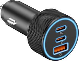 Automobilinis įkroviklis 67 W, 3 portai (2 USB-C + USB-A), greitas įkrovimas