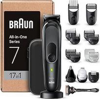 "Braun All-In-One Trimmer Set 7", "17-in-1 Multigroom", barzdos kirptuvas, nosies plaukų kirptuvas, veido, galvos ir kūno plaukų kirptuvas, 100 min. baterija, 14 ilgių (3-21 mm), atsparus vandeniui, MGK7491, juodas