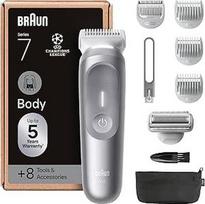 "Braun Bodygroomer Series 7", elektrinis kūno skustuvas vyrams su 8 priedais, belaidis trimeris intymiai sričiai ir kūnui, 100 minučių veikiantis akumuliatorius, vandeniui atsparus kūno plaukelių kirptuvas, BG7555, pilkas