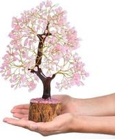 "Crocon" natūralios spalvos gydomųjų brangakmenių kristalų bonsai laimės pinigų medis sėkmės, gerovės ir gerovės gydymo reiki dvasinė dovana dydis 10-12 colių (sidabrinė ir auksinė viela) (rožinis kvarcas (auksinė viela))