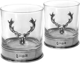 "English Pewter Company" dvigubo stiklinio viskio bokalo rinkinys su alavine elnio galva ir pagrindu [STAG105]