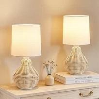 "GyroVu" naktinis šviestuvas 2 boho rotango stalinių šviestuvų rinkinys, kaimo namų stiliaus naktiniai šviestuvai, maži šviestuvai kaimiškam gyvenamojo kambario dekoravimui, miegamajam, naktiniam staliukui, svetainei, skaitymo staliukui, šoniniam staliuku
