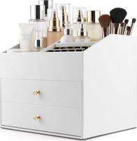 "Homeanda" makiažo organizatorius "Faux Leather Cosmetic Organiser" su 2 stalčiais - stalinis kosmetikos, lūpų dažų, odos priežiūros priemonių ir papuošalų organizatorius (baltas)