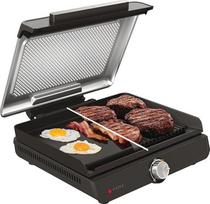 "Ninja Sizzle" elektrinis grilis "Indoor & Plancha" (plokščia grilio plokštė) su nepridegančia grilio plokšte, nuimamu dangčiu ir indaplovėje plaunamu dangčiu, riebalų surinkimo talpa, temperatūros kontrole ir receptų knyga, pilkas