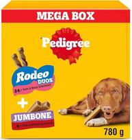 "Pedigree Multipack" 780 g pakuotė su 24 "Rodeo Duos" vištienos ir šoninės skonio, 4 "Jumbone" jautienos ir paukštienos skonio pakuotėmis