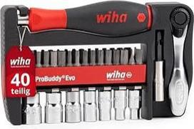 "Wiha ProBuddy Evo" 40 dalių antgalių ir lizdų rinkinys, 1/4 colio minkštos apdailos atsuktuvo rankena, mini reketas su 72 dantukais, magnetinis antgalių laikiklis, kompaktiškas įrankių rinkinys profesionalams, meistrams, dviratininkams (46960)