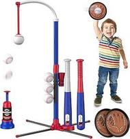 4-in-1 beisbolo rinkinys su "Velcro" kamuoliukų žaidimu 3-5 metų vaikams, "Tee" kamuoliukų stovas, "TOS" ir "Catch Ball", su kamuoliukų paleidimo įrenginiu ir 6 minkštais kamuoliukais, reguliuojamo aukščio, vidaus lauko žaislų dovanos berniukams, mėlynos