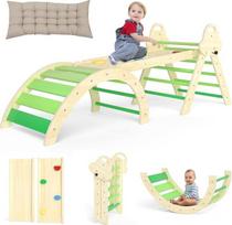 7-in-1 Montessori laipiojimo trikampis su pagalvėle - medinis laipiojimo žaislas 1-3 metų mažyliams - vidaus laipiojimo arka su kalneliu, kopėčiomis ir žaidimų arka (žalia)