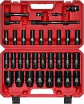 CASOMAN 33 vnt. 1/2" diskinių smūginių galvučių rinkinys su dėklu, 6 taškų, 10-36 mm, metrinis, su prailginimo strypais, lizdų adapteriu, gręžimo adapteriu ir universaliu šarnyru