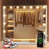 Holivudo makiažo veidrodis su apšvietimu, kosmetinis veidrodis 58 x 46 cm, 15 LED Super HD veidrodis makiažui, 3 šviesos spalvos, reguliuojamas jutiklinis valdymas, USB, įskaitant 10 kartų didinantį veidrodį