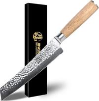 Japoniškas peilis duonai, dantytais kraštais, 20 cm, VG-10 Damasko plieno geležtė, SGS testuotas, ypač ilgai aštrus, puikus duonos pjaustytuvas traškiai raugintai duonai.
