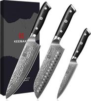 KEEMAKE Damasko peilių rinkinys iš 3 dalių - virtuvinių peilių rinkinys, pagamintas iš 67 sluoksnių damaskinio plieno su ergonomiška G10 rankena, aštrus virėjo peilis, peilis "Santoku" ir virtuvinis peilis, puikus tėvo