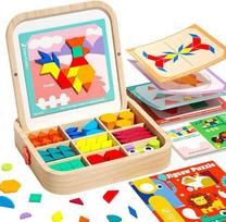 Magnetinis medinių dėlionių dėlionių rinkinys su kortelėmis, 288 dalių Montessori žaislas nuo 4 metų, mokomasis edukacinis STEM Tangram vaikams, berniukams, mergaitėms, 5 6 7 8 9 metų amžiaus