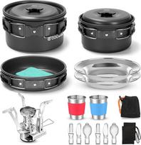Odoland Camping Camping Camping Set with Pots and Pan Cup Plate Cutlery Foldable Tableware for 1-2 People Lightweight and Compact for Camping Trekking Picnic Hiking