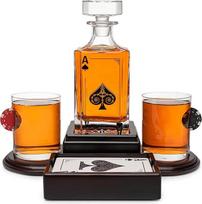 Pokerio teminis viskio dekanterių rinkinys vyrams su 2 viskio stiklinėmis. Texas Holdem No Limit alkoholio dovana vyrams