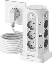 TESSAN 12 kelių lizdų su USB C, prailginimo kabelis, 5 m ilgio maitinimo juosta su 4 jungikliais, apsauga nuo viršįtampių, kištukinių lizdų paskirstymo lizdas, baltos spalvos