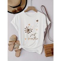 Women Round Neck Short Sleeve Sports T-Shirt Dandelion Butterfly Print Casual Basic Spring Summer Ladies Fashion Top S balta