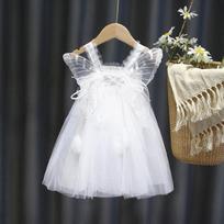 Merginos vasarinė suknelė su petnešėlėmis ir tinkleliu - Angelų Princesės stiliaus pūstas liemenės komplektas 130 cm balta