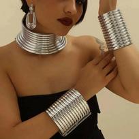African Style Leather Choker, Bracelet & Earrings Set - Women's Accessories