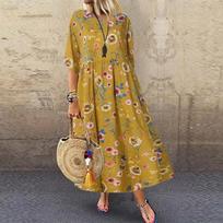 New Summer Women's Fashion 3 , 4 Sleeve Vintage Floral Print Dress XXL geltona