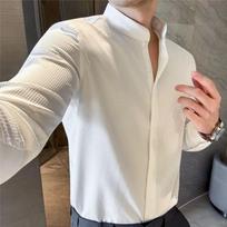 Men's White Mandarin Collar Textured Shirt Slim Fit Casual Business High-end Casual  Tops L balta