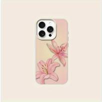 Gradient Pink Lily Print Lychee Texture Phone Case, Suitable for iPhone 17, 16, 15, Plus, Pro, Max Series Phones - Ideal for Gifting iPhone 16 Pro dramblio kaulas