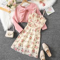 Girls' French Floral Sling Dress with Long Sleeve Cardigan - Autumn 2025 Collection 170cm = 12Y