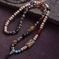 Natural Star Moon Bodhi Dzi Pendant Bead Chain - Tibetan Style Amulet for Men & Women