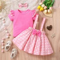 INS Girls' Three-Piece Set: Pink Puff Sleeve Top, Polka Dot Suspender Skirt, and Headband 70 cm rožinė