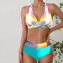 Moteriškas maudymosi kostiumėlis su pečių juostele Slanted Lines Print Bikini Tankini maudymosi kostiumėlis S geltona