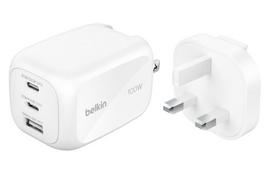 Belkin BOOSTCHARGE 100W 2C1A Sieninis įkroviklis su keičiama kištukų sistema (UK, EU, US), Baltas