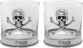 "English Pewter Company" viskio stiklinių taurių rinkinys su kaukolės ir kryžiaus kaulų emblema [TUM08]