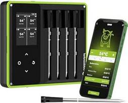 "Outdoorchef Quadro Easy Check" termometras - belaidis "Bluetooth" grilio termometras su programėle, 4 jutikliai, 200 m atstumas, galima plauti indaplovėje, yra magnetinė prijungimo stotelė