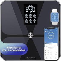 HELDENWERK Asmeninės svarstyklės Kūno riebalų svarstyklės Žmonės su programėle ir viso paviršiaus jutikliu 180 kg / 400 svarų, skaitmeninės kūno svarstyklės, "Bluetooth" kūno analizės svarstyklės kūno riebalams, KMI, raumenų masei, baltymams, BMR