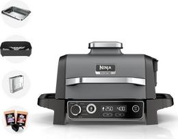 Ninja OG701UK Woodfire elektrinis grilis ir rūkykla, 7-in-1 lauko kepsninė ir oro kepsninė, kepa, skrudina, džiovina, naudoja medžio granules, atspari oro sąlygoms, neprideganti, nešiojama, elektrinė, pilka/juoda