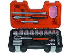 Galvučių, terkšlės ir priedų rinkinys  3/8"-1.1/4" jungtis 1/2” 23vnt