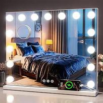 Holivudo makiažo veidrodis su apšvietimu, 58 x 46 cm, 15 LED lempų, 3 šviesos režimai, 10 x didinimas, nuolatinis apšvietimas, USB įkrovimo prievadas, idealiai tinka miegamajam ir kosmetinei (15 LED - 58 x 46)
