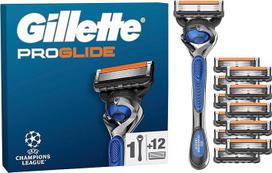 "Gillette Fusion5 Proglide UEFA Champions League Special Edition", 1 skustuvas, 12 atsarginių peiliukų su "Everglide" slydimo juostele, užtikrinančia dar sklandesnį slydimą