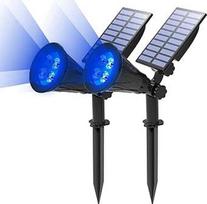T-SUN (2 pakuotės ir 250 liumenų) LED saulės prožektorius, 4 LED mėlynos spalvos vandeniui atsparūs lauko saugumo sodo kraštovaizdžio žibintai, 180° kampu reguliuojami, automatiškai įjungiami / išjungiami medžiui, kiemui, vejai, keliui, terasai, terasai i