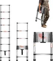 VEVOR teleskopinės kopėčios, 254 cm ilgio ištraukiamos nerūdijančio plieno kopėčios, sulankstomos kopėčios, kurių keliamoji galia 150 kg (75°) ir neslystančios kojelės, nešiojamos 9 pakopų kopėčios namams, nameliams ant ratų, palėpėms